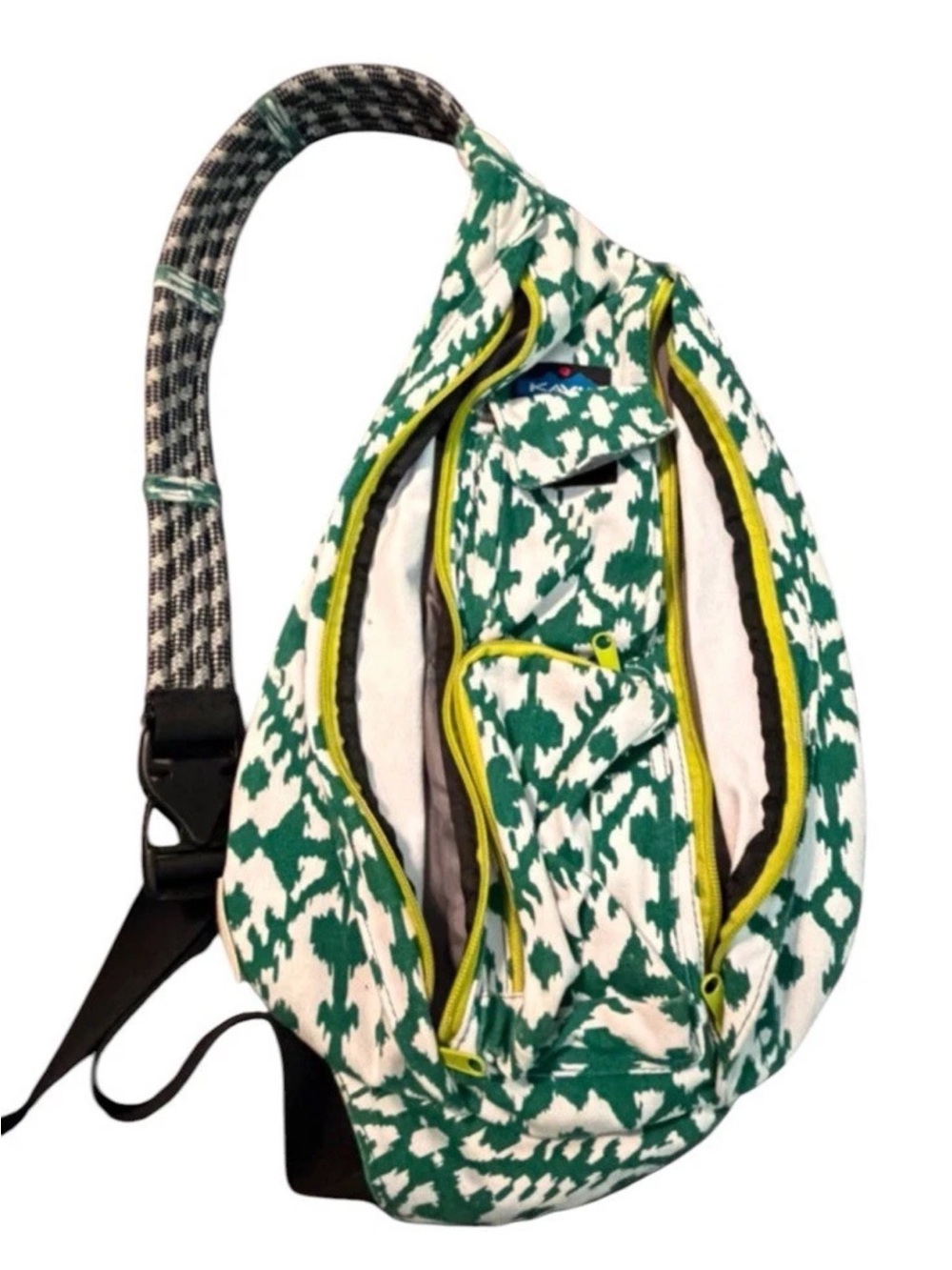 Kavu Green and White Patterned Crossbody Sling with Yellow Trim
